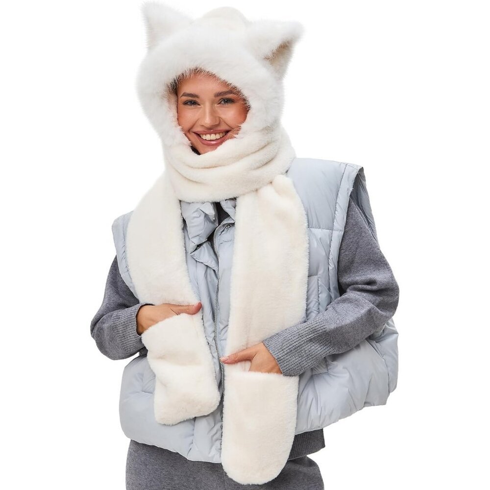 Kids Lvory Faux Fur Cute Cat Ears Winter Hat, 3 In 1 Plush Animal Hat Imported